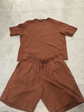 Zara Rust Textured Short Sleeve Top & Drawstring Shorts Set